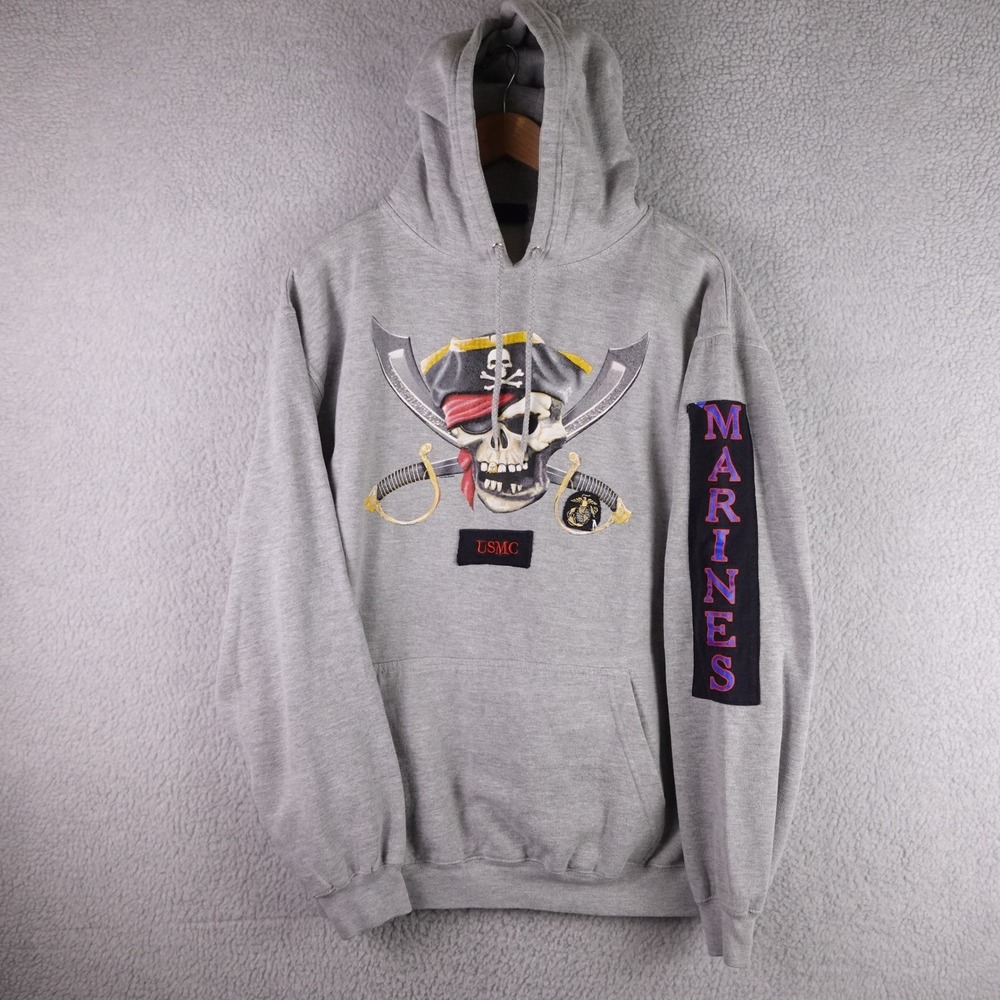 Wiseguy USMC Marines Pirate Skull Hoodie Heather Gray Mens Large Fleece Pullover